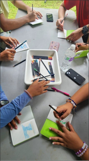 Students use colored pencils to write and draw in their journals